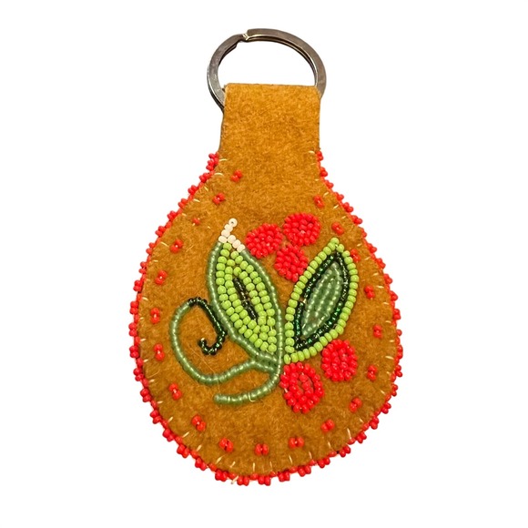 Handmade Accessories - Beaded Key Chain Fob Brown Felt Leaf & Berries Design Handmade Ethnic Pattern